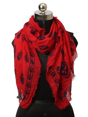Alexander McQueen Black Skull Print Red Scarf